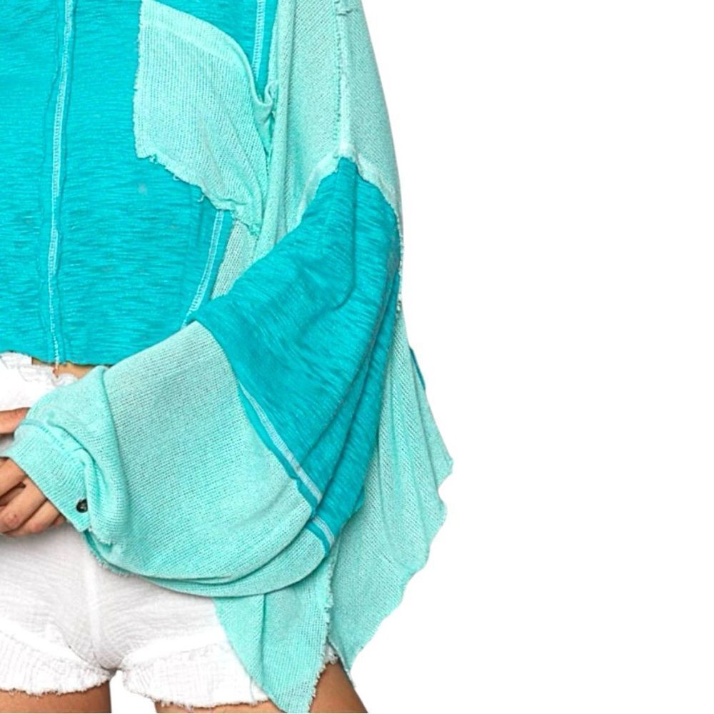 POL Oversized Top Boho Turquoise Green Round Contrast Stitching High-Low Large - Picture 5 of 7